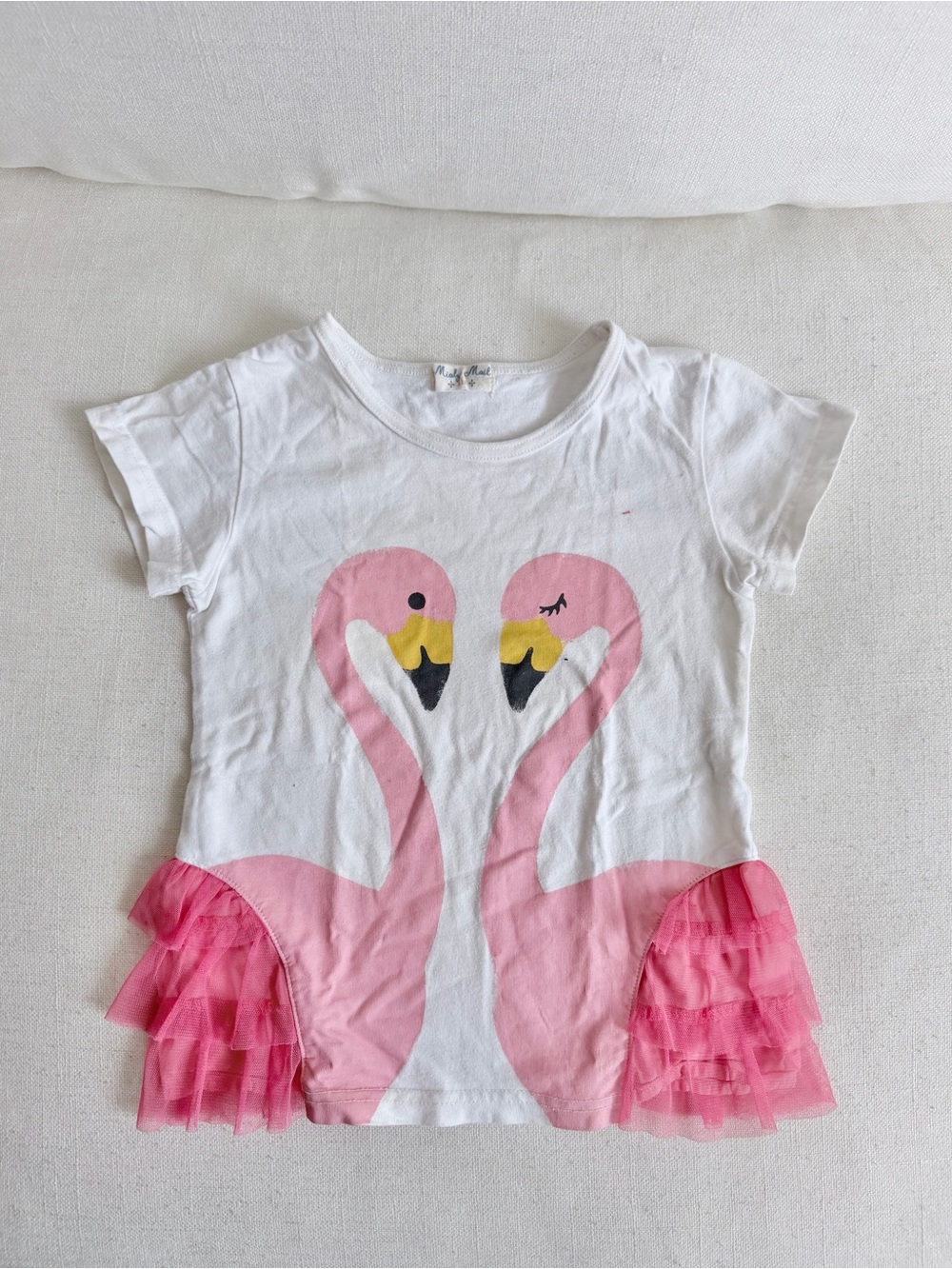 Girls' White Tee with Pink Flamingo Graphic and Tulle Hem